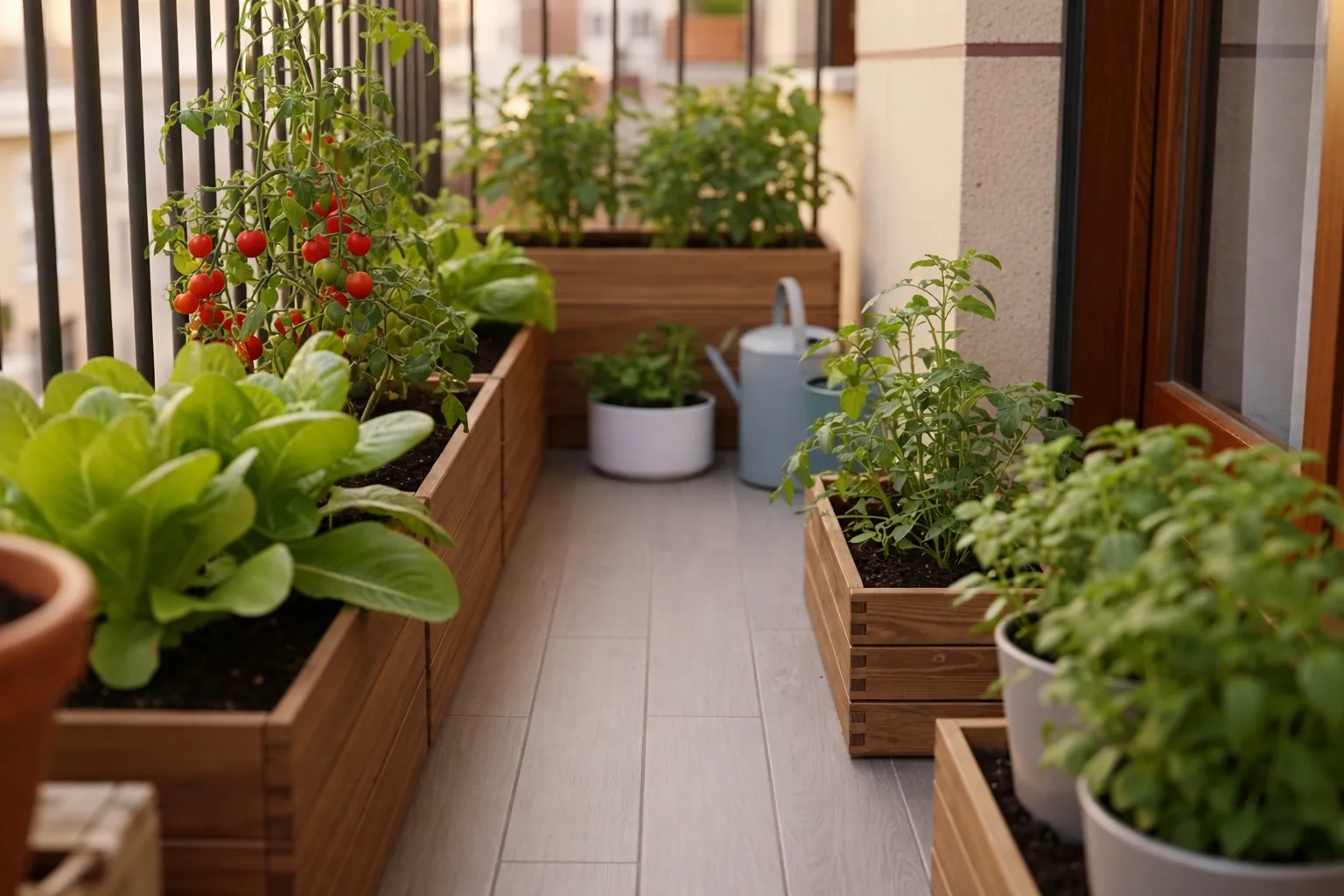 Huerto autosuficiente en balcón con mesa de cultivo, plantas y sistema urbano en España
