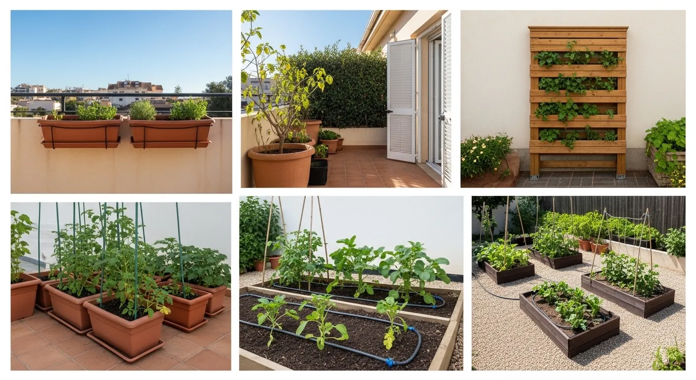 Huerto autosuficiente en casa con sistema combinado de cultivo para balcón o terraza