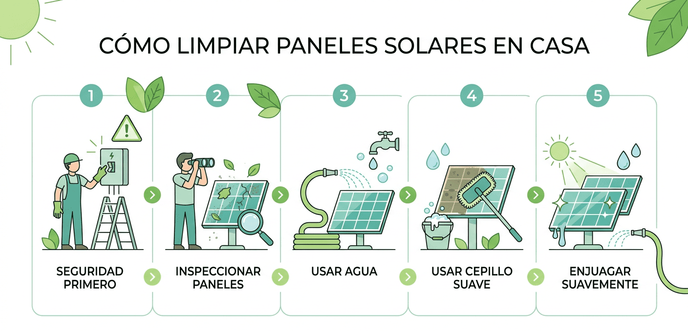 Ilustración explicativa sobre cómo limpiar paneles solares paso a paso en casa