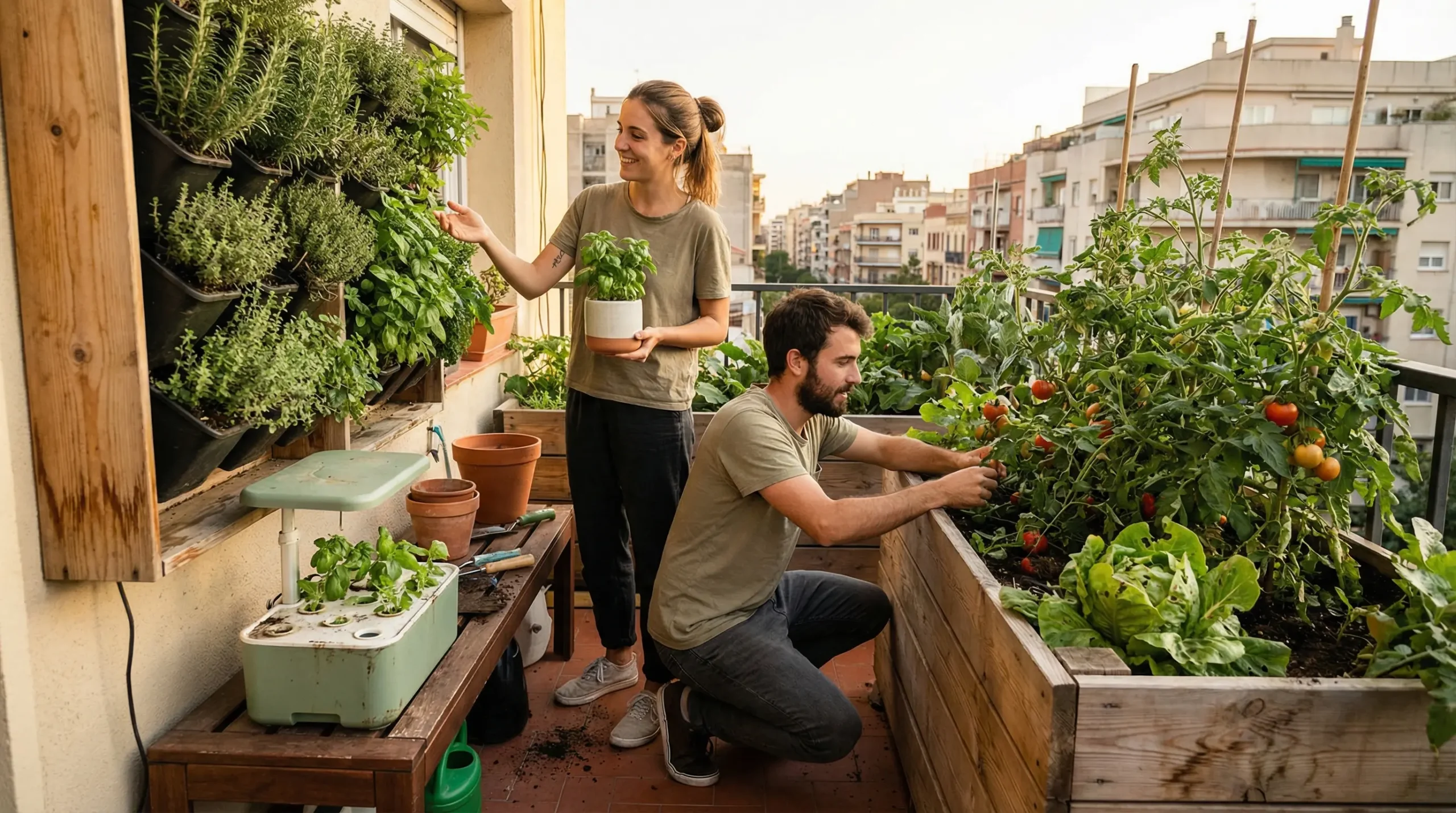 Huerto urbano en balcón moderno con mesa de cultivo y sistema autosuficiente